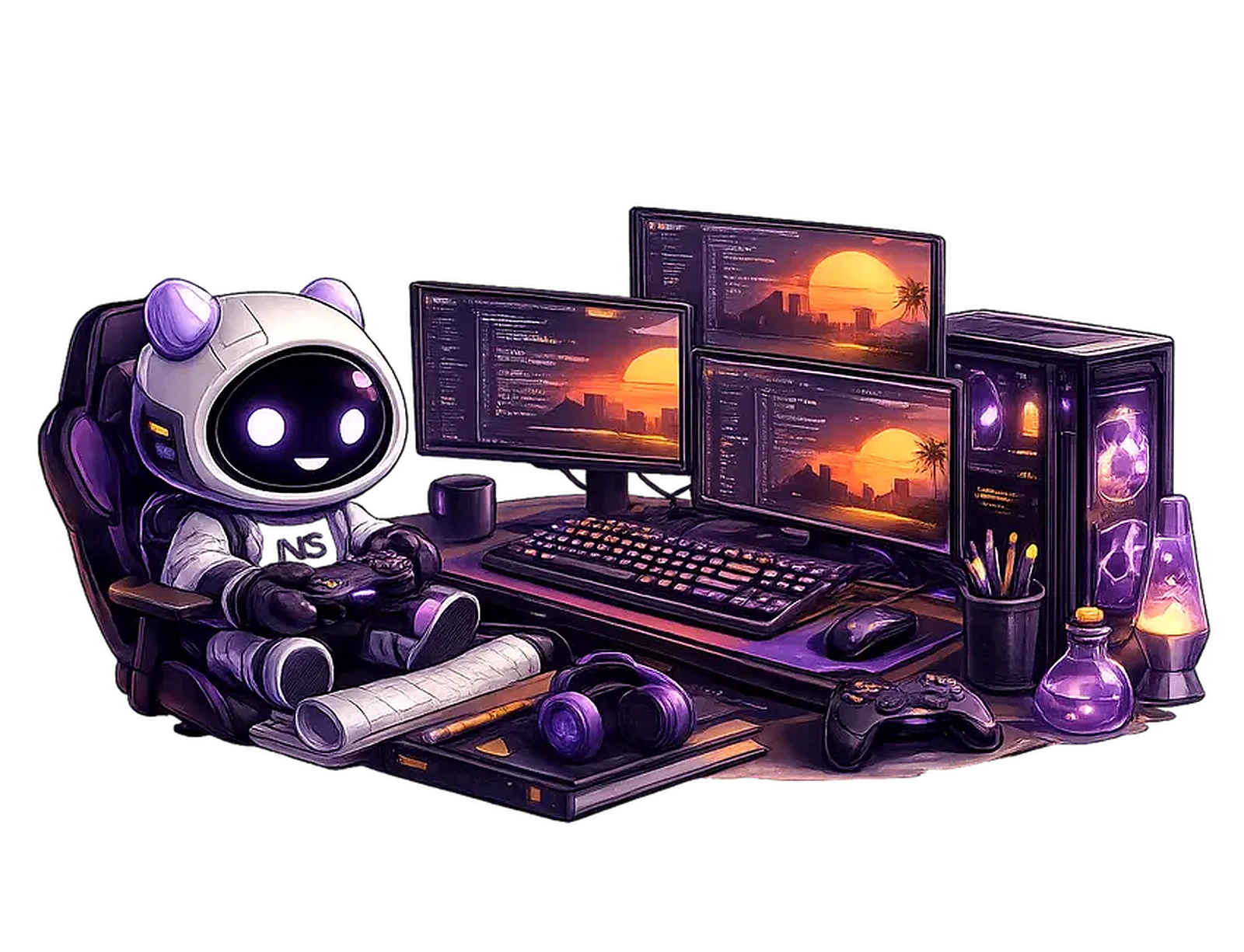 NS Creative Solutions mascot at a creative workstation