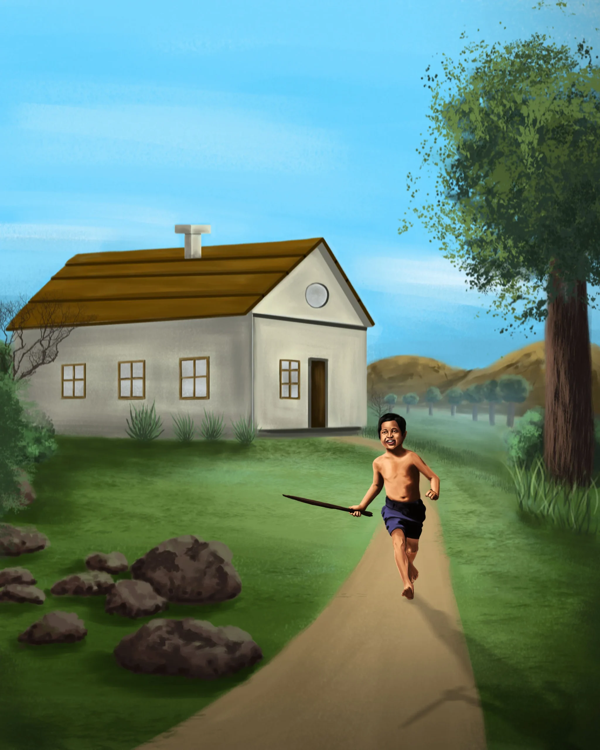 Storybook illustration of a runner on a country path