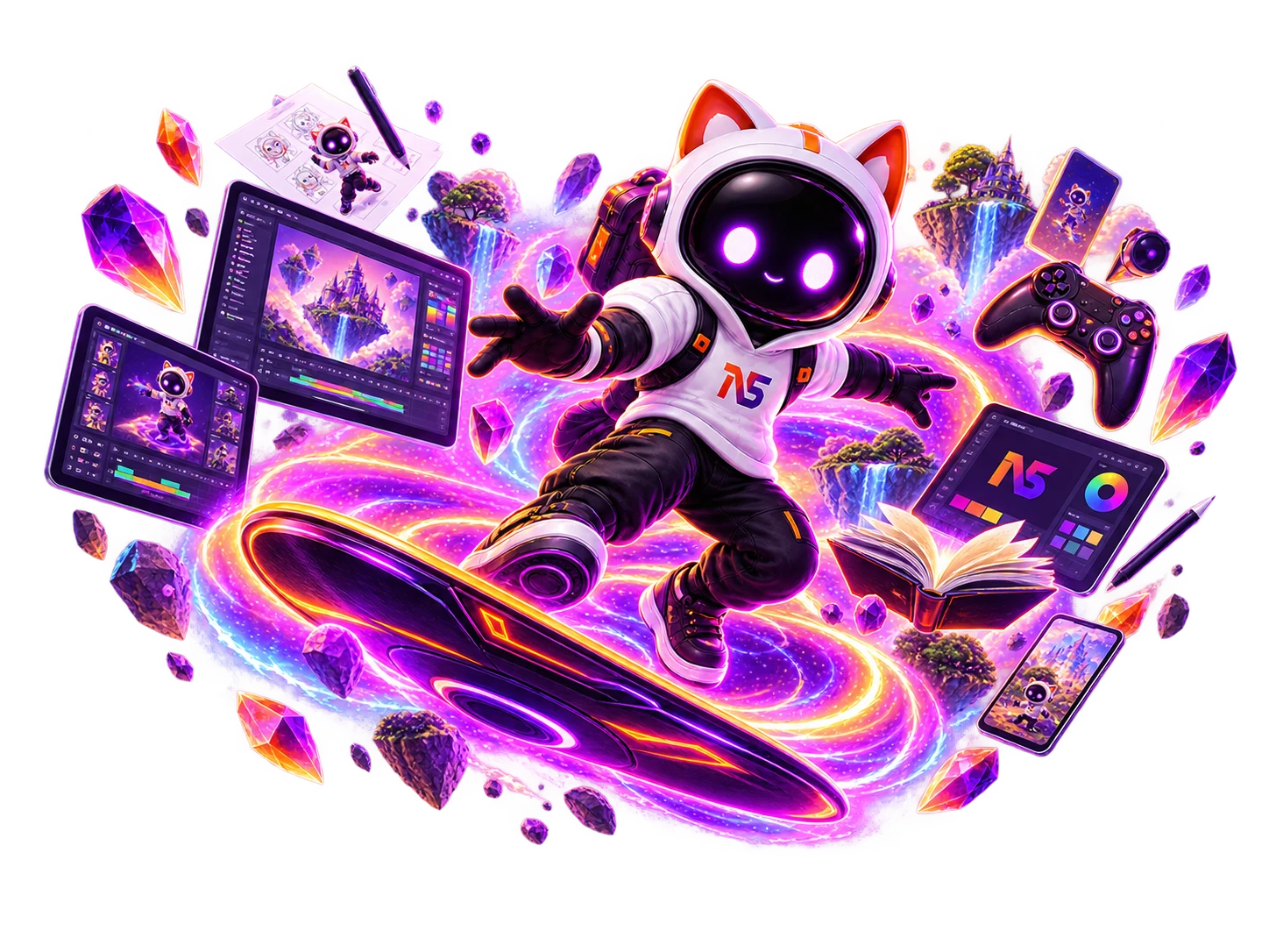 NS Creative Solutions mascot moving through illustration, gaming, branding and digital design worlds