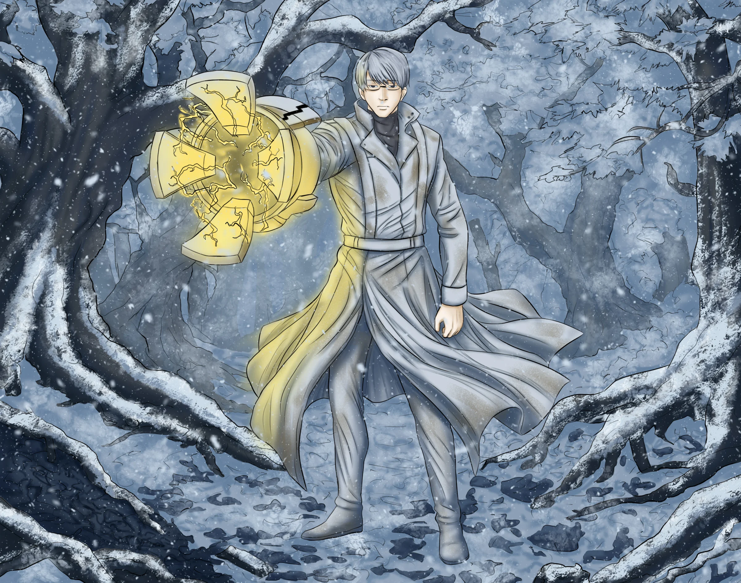 Fantasy character wielding glowing magic in a snowy environment