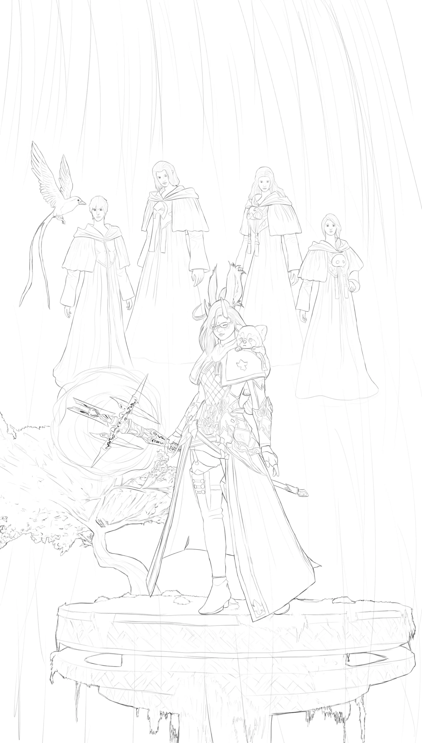 Fantasy party concept sketch with multiple characters