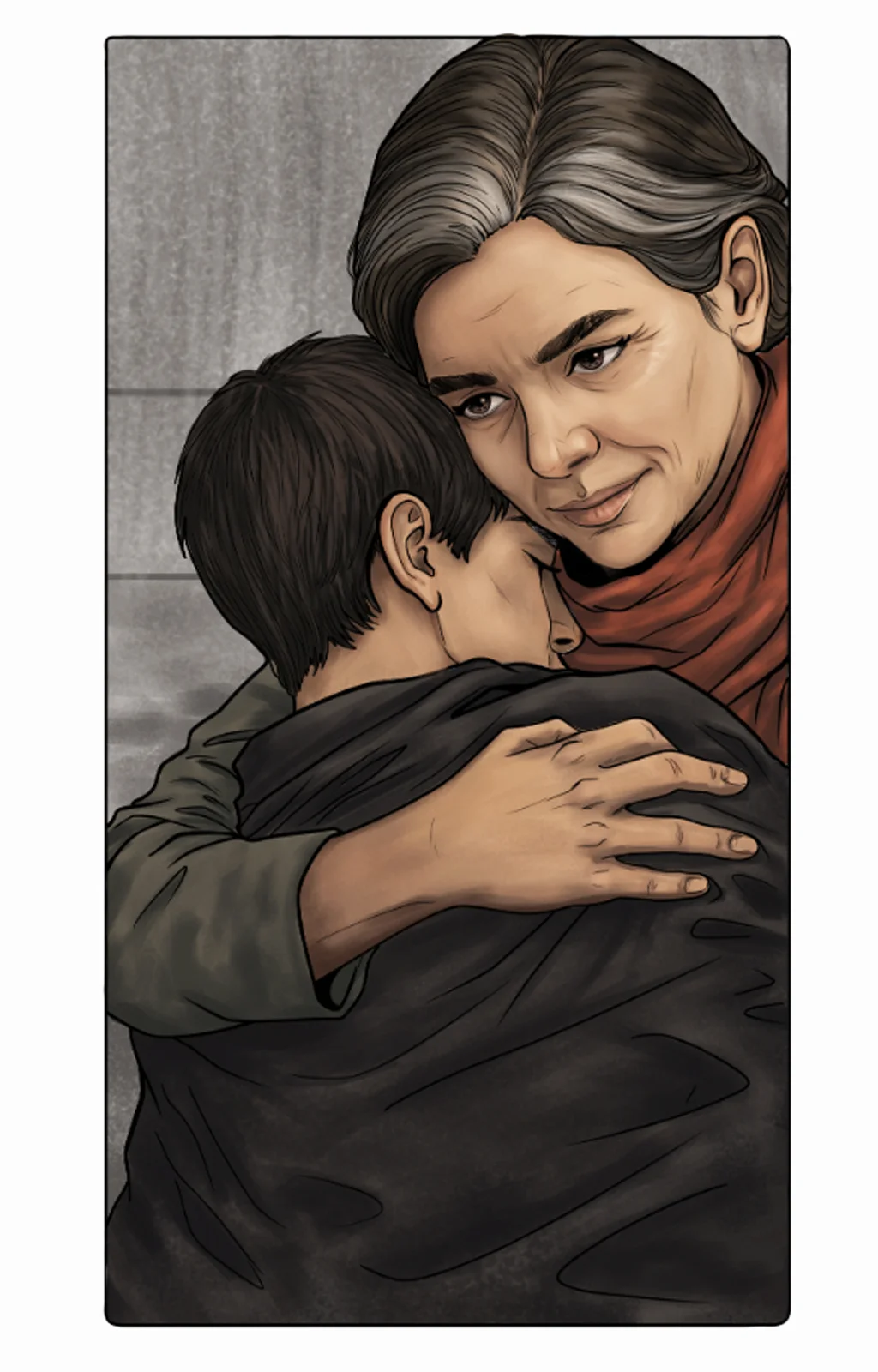 Emotional realistic digital painting of two people embracing