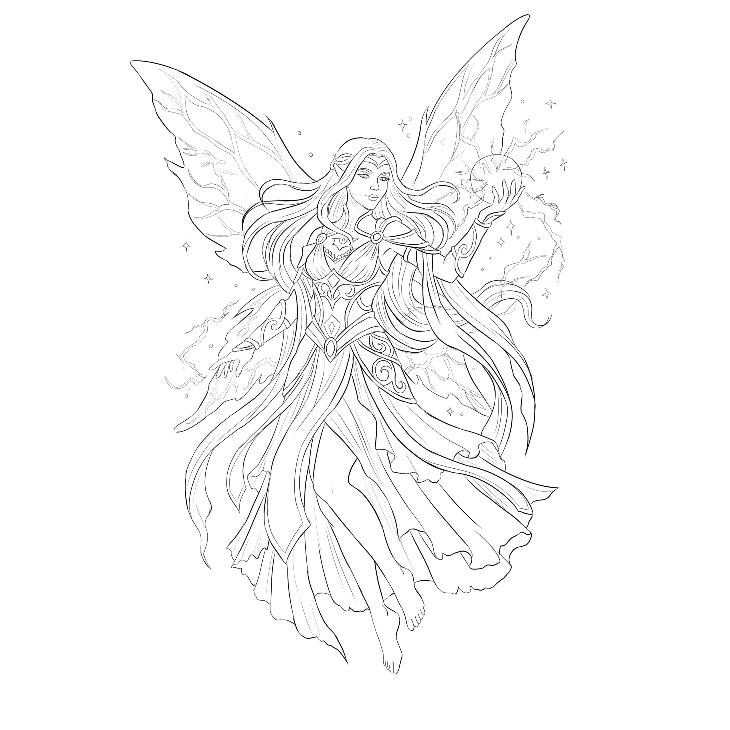 Detailed fantasy fairy line art sketch
